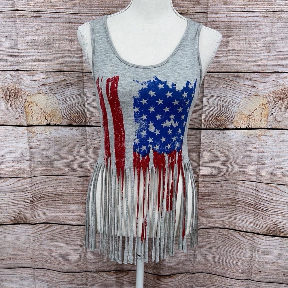 Blue S Patriotic Gray Fringe Tank Top Size S